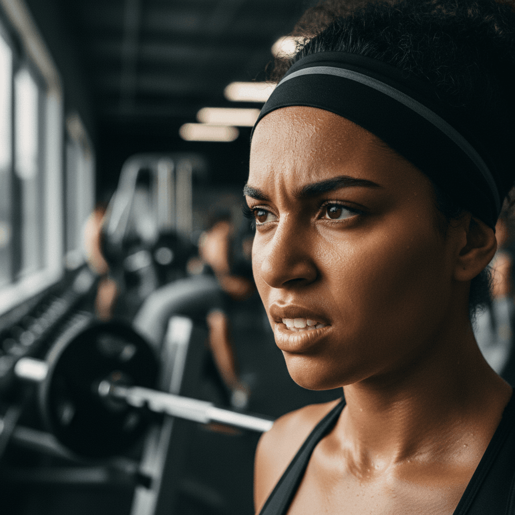 Young athlete's focused face during intense workout, sweat visible, determined expression conveying mental strength and resilience